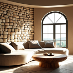 **Prompt:** A living room featuring a curved sofa and a coffee table with rounded edges. Sunlight streams through a large window, casting soft shadows on a natural stone wall. Wooden elements and plants complete the organic feel.