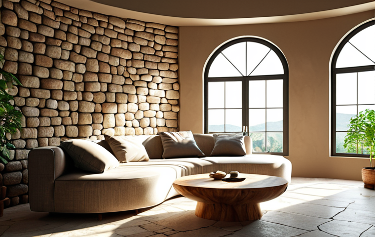 **Prompt:** A living room featuring a curved sofa and a coffee table with rounded edges. Sunlight streams through a large window, casting soft shadows on a natural stone wall. Wooden elements and plants complete the organic feel.