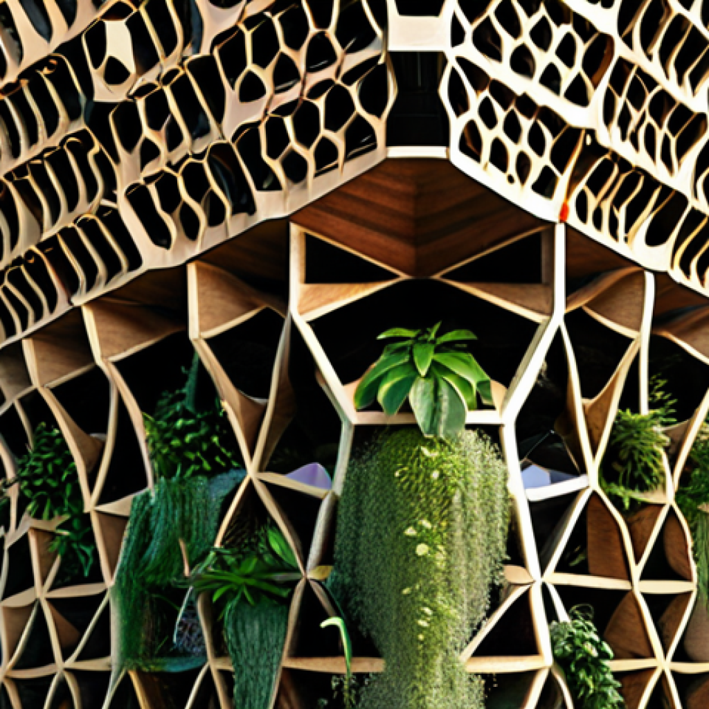 **

Biomimicry architecture: A modern building inspired by the structure of a honeycomb, emphasizing hexagonal patterns and efficient space utilization, integrating natural light and sustainable materials. Exterior should feature vertical gardens and rainwater harvesting systems.

**