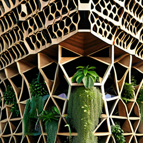 **

Biomimicry architecture: A modern building inspired by the structure of a honeycomb, emphasizing hexagonal patterns and efficient space utilization, integrating natural light and sustainable materials. Exterior should feature vertical gardens and rainwater harvesting systems.

**