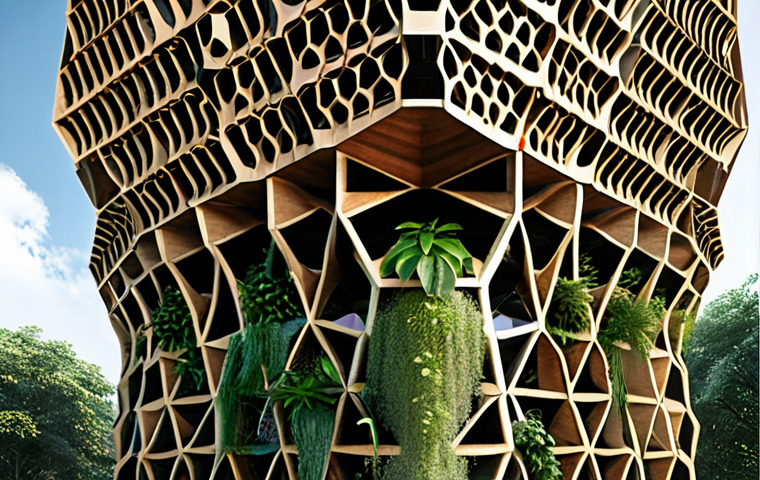 **

Biomimicry architecture: A modern building inspired by the structure of a honeycomb, emphasizing hexagonal patterns and efficient space utilization, integrating natural light and sustainable materials. Exterior should feature vertical gardens and rainwater harvesting systems.

**